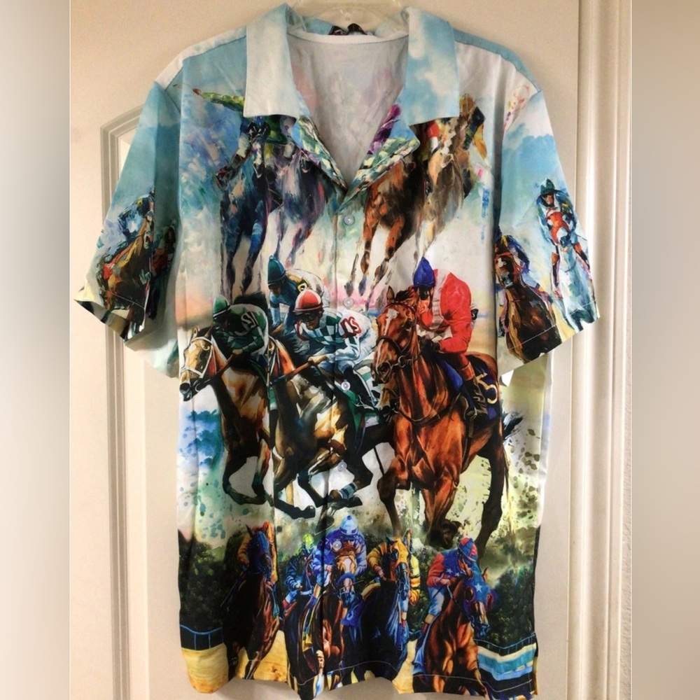 Horse Racing Colorful Hawaiian Short Sleeve Shirt - All Over Graphic - Sz Large